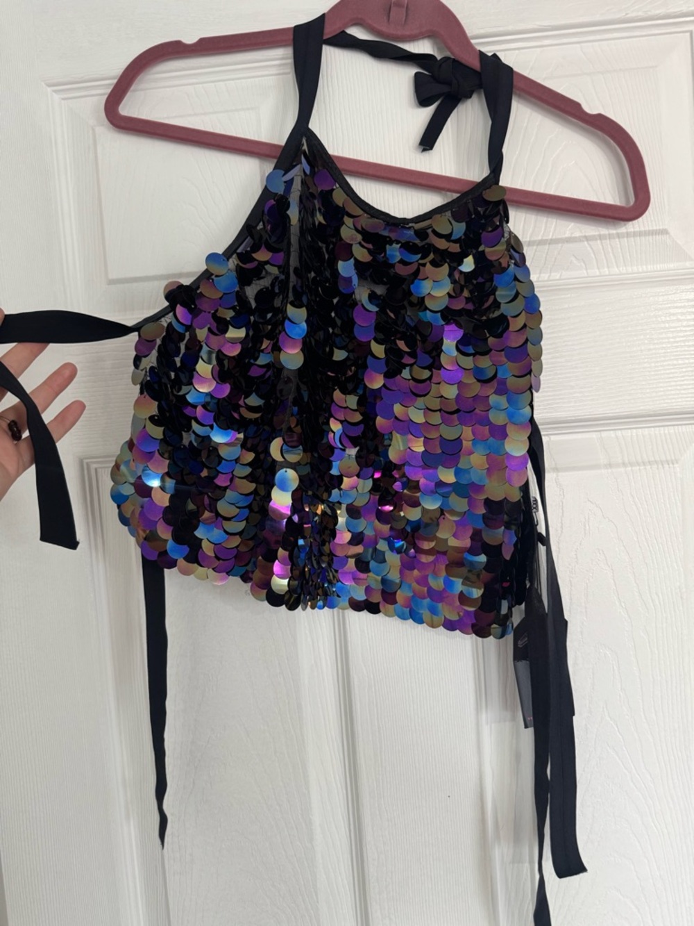 Iridescent Sequin Halter Crop Top - Black Multi